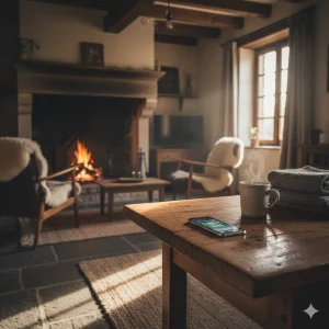 Smartphone posé sur une table en bois dans un gîte normand chaleureux, illustrant l'usage de l'IA pour gîte et la technologie au service de l'accueil.