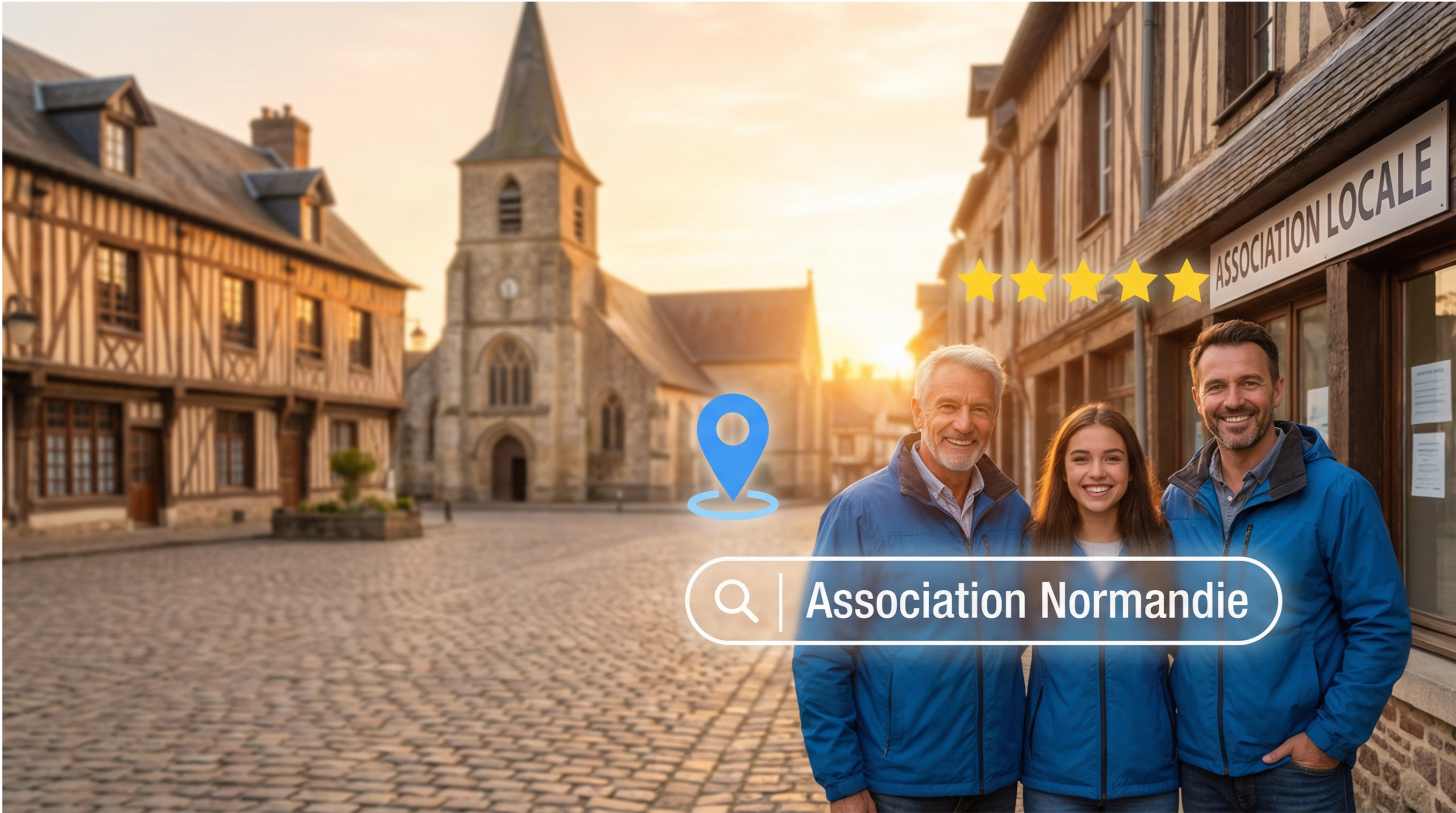 Bénévoles d'une association normande devant leur local avec icônes Google Business Profile et Maps