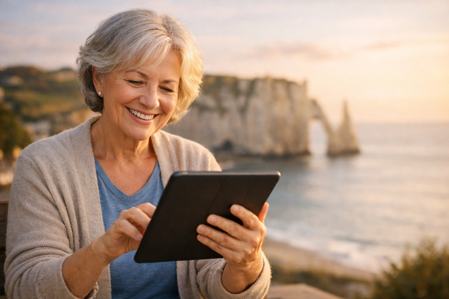 Personne âgée naviguant sur un site web accessible avec un paysage normand en arrière-plan